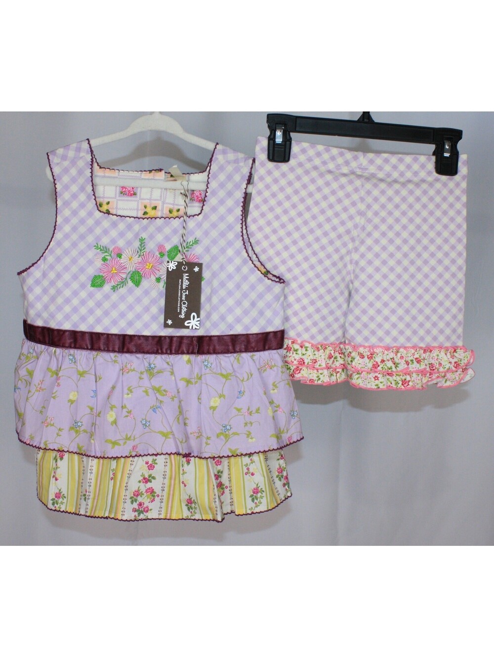 Matilda Jane Lilac Gingham Floral Tunic & Short Set 8 EUC
